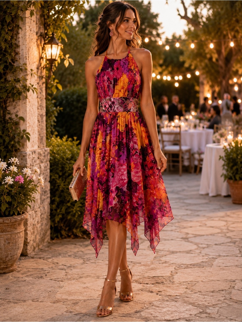 Aidan Mattox 100% Silk Floral Halter Dress Size 2 Beaded Handkerchief Hem